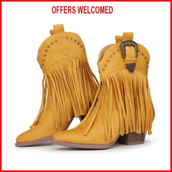 Snip Toe Western Booties with Fringe Studded Suede Ankle Boots